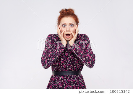Portrait of shocked amazed astonished ginger woman wearing dress keeps jaw dropped and hands on cheeks, cannot believe in amazing news. Indoor studio shot isolated on gray background. Portrait of shocked amazed astonished ginger woman wearing dress keeps jaw dropped and hands on cheeks, cannot believe in amazing news. Indoor studio shot isolated on gray background. 100515342