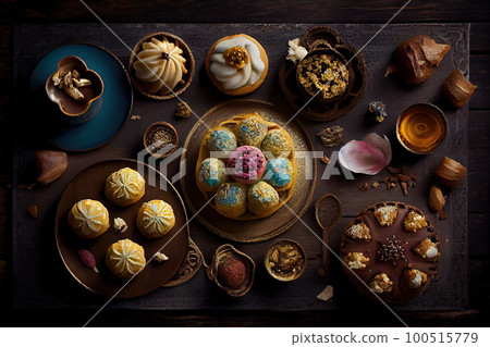 some desserts on a wooden table with plates and bowls filled with different types of cakes, pastries and cupcakes some desserts on a wooden table with plates and bowls filled with different types of cakes, pastries and cupcakes 100515779