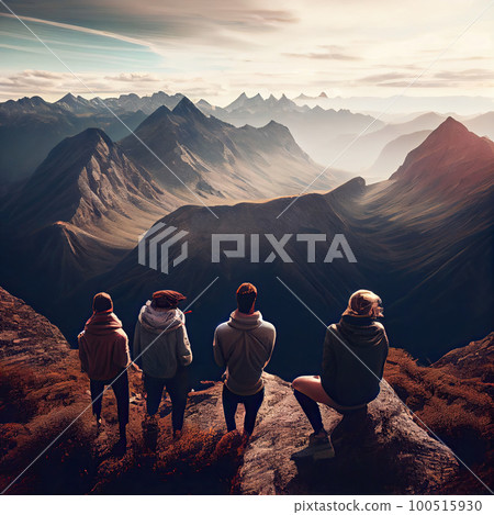 three people sitting on top of a mountain looking out at the valley below and mountains in the distance are covered with clouds 100515930