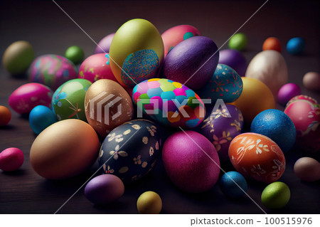 colorful easter eggs on a wooden table with flowers and leaves in the egg is surrounded by many smaller colored eggs 100515976