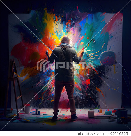 a man standing in front of a large painting on the wall with paint splats all over his body 100516205