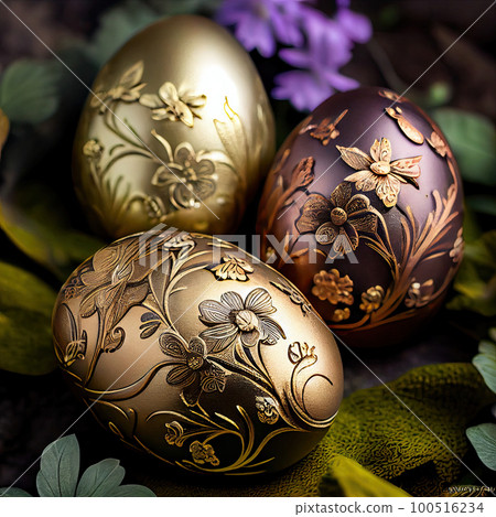 two easter eggs with flowers and leaves in the middle one is gold, the other has purple orchids on it 100516234