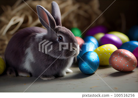 a rabbit sitting next to some colorful easter eggs on a table with hay and straw bales in the background 100516256