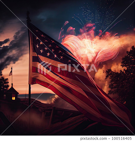 an american flag blowing in the wind with fireworks and smoke coming from behind it on a dark night sky background an american flag blowing in the wind with fireworks and smoke coming from behind it on a dark night sky background 100516405