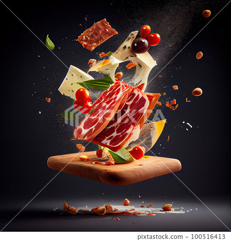 food flying out of a person's hand on a black background with space to the right and left side food flying out of a person's hand on a black background with space to the right and left side 100516413