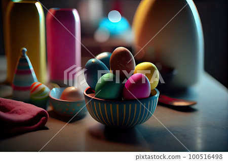easter eggs in a bowl on a table with an egg and some other colored eggs behind them, as if they're easter eggs in a bowl on a table with an egg and some other colored eggs behind them, as if they're 100516498