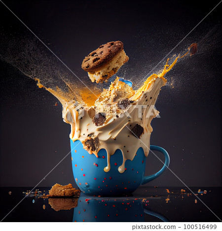 an ice cream and chocolate dessert in a blue coffee cup with splashing milk on top, against black background an ice cream and chocolate dessert in a blue coffee cup with splashing milk on top, against black background 100516499