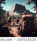 two people with backpacks walking down a path in front of a mountain range and the sky is bright blue 100516520