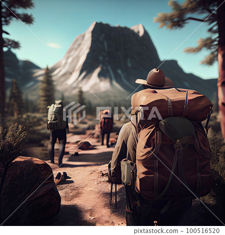 two people with backpacks walking down a path in front of a mountain range and the sky is bright blue two people with backpacks walking down a path in front of a mountain range and the sky is bright blue 100516520