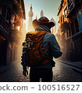 a man with a backpack walking down the street in an urban city at sunset, wearing a hat and carrying a camera 100516527