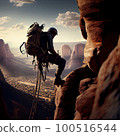 a man climbing up a mountain with a backpack on his back and the sun shining through the clouds in the background 100516544