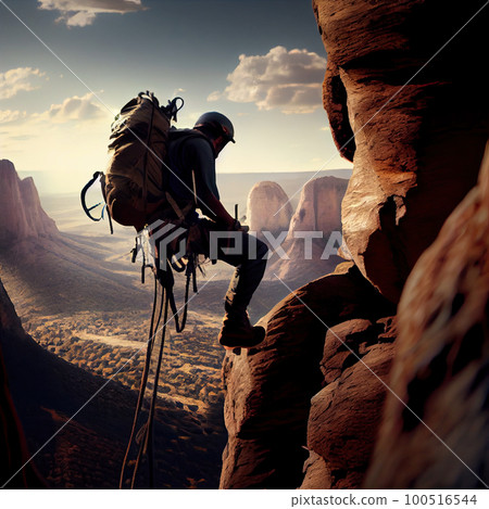 a man climbing up a mountain with a backpack on his back and the sun shining through the clouds in the background a man climbing up a mountain with a backpack on his back and the sun shining through the clouds in the background 100516544