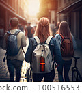 two girls walking down the street with backpacks on their backs and one girl holding a drink in her hand 100516553