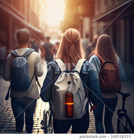 two girls walking down the street with backpacks on their backs and one girl holding a drink in her hand two girls walking down the street with backpacks on their backs and one girl holding a drink in her hand 100516553