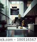 a modern living room with wood flooring and black walls, an orange vacuum cleaner is on the floor in front of the sofa 100516567
