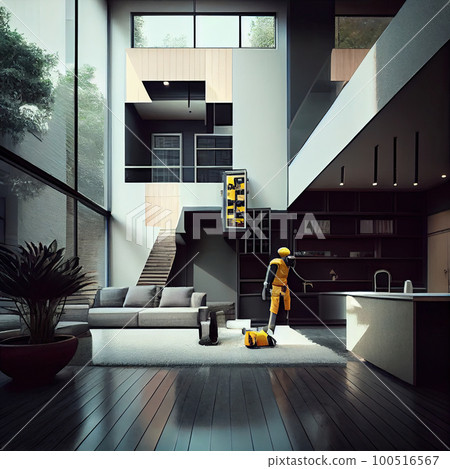 a modern living room with wood flooring and black walls, an orange vacuum cleaner is on the floor in front of the sofa a modern living room with wood flooring and black walls, an orange vacuum cleaner is on the floor in front of the sofa 100516567