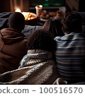 two people sitting on a couch looking at each other people who are watching the fire in the fireplace behind them 100516570