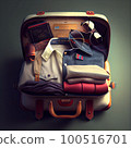 an open suitcase filled with clothing and accessories, including a pair of eyeglasses, hat, tie, sunglasses, and wallet 100516701
