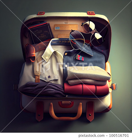 an open suitcase filled with clothing and accessories, including a pair of eyeglasses, hat, tie, sunglasses, and wallet an open suitcase filled with clothing and accessories, including a pair of eyeglasses, hat, tie, sunglasses, and wallet 100516701