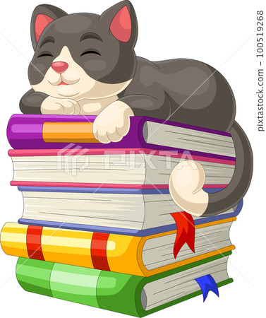 Cute cat cartoon sleeping on pile of books Cute cat cartoon sleeping on pile of books 100519268
