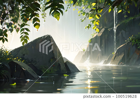 雨天的森林和河流 雨季 100519628