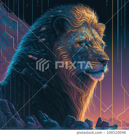 Colorful wild lion. Pop art futuristic style in neon colors. Generative AI 100520046