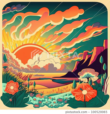 Retro hippie groovy landscape poster with daisy flowers and sun. Abstract 70s style spring or summer optimistic illustration for graphic tee t shirt or print 100520065