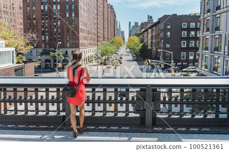 New york City lifestyle. Young professional woman in cute dress standing on New York High Line Park enjoying view of city while contemplating her next move 100521361