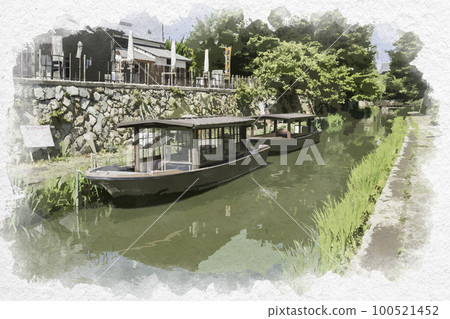 水彩風格的滋賀縣近江八幡市近江八幡護城河 100521452
