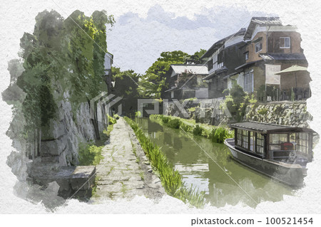 Watercolor style Omihachiman Hachiman moat Omihachiman city, Shiga prefecture Watercolor style Omihachiman Hachiman moat Omihachiman city, Shiga prefecture 100521454