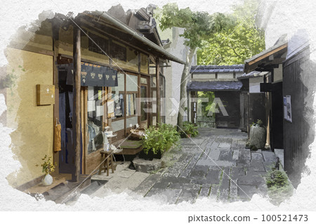 滋賀縣近江八幡市近江八幡石鋪成的水彩風格小巷 100521473