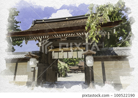 滋賀縣犬上郡多賀町，水彩風格的多賀大社大門 100522190