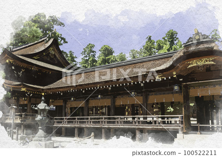 Watercolor-style Taga Taisha Shrine, Taga-cho, Inukami-gun, Shiga Prefecture 100522211