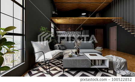 Modern loft living room interior with dark gray wall and wooden floor 100522852