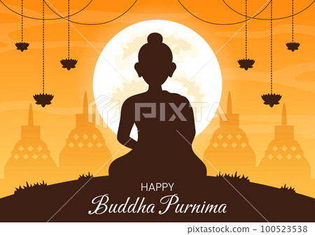 Happy Buddha Purnima Illustration with Vesak Day or Indian Festival to Spiritual in Flat Cartoon Hand Drawn for Web Banner or Landing Page Templates 100523538