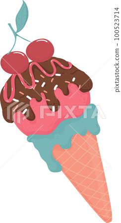 colourful summer fresh fruit juicy ice cream popsicle and waffle cone cartoon hand drawing graphic 100523714