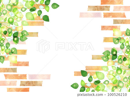 水彩風格鮮綠閃閃發光的葉子和水平磚對角線框 100526210