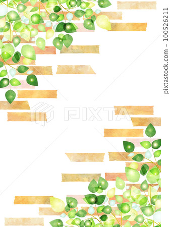 水彩風格的鮮綠色閃閃發光的葉子和磚對角線框架垂直 100526211