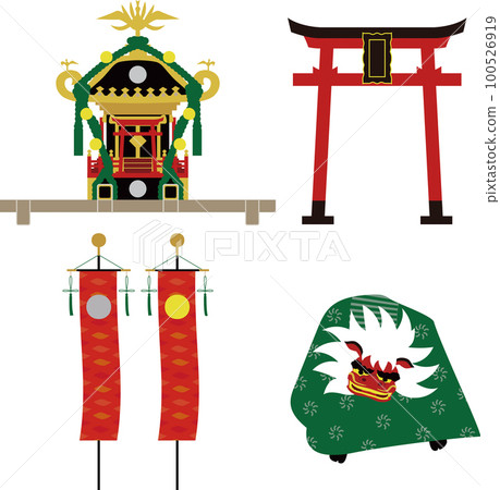 Japanese festival material. Illustration of torii, sun and moon flag, mikoshi, and lion dance 100526919