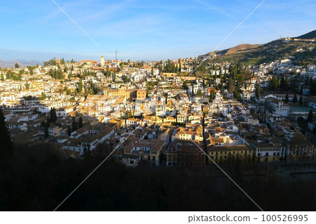 View of the Albayzin district from the Nasrid Palace of the Alhambra, the prayer room of the Mesar Palace 100526995