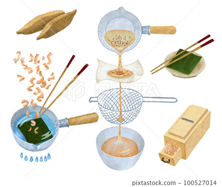 Illustration of how to make bonito and kombu dashi 100527014