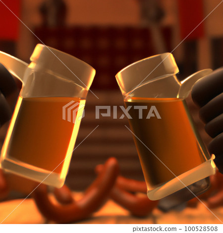 啤酒杯吐司:描繪啤酒愛好者用啤酒杯敬酒的圖像 啤酒杯吐司:描繪啤酒愛好者用啤酒杯敬酒的圖像 100528508