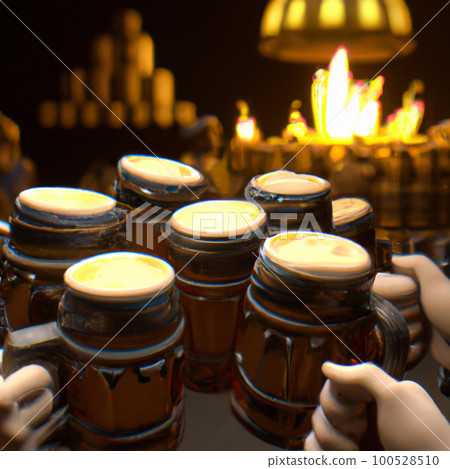 啤酒派對：描繪一群喜歡啤酒的朋友聚在一起玩得很開心的畫面 100528510