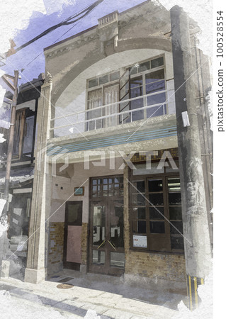 Watercolor-style Hikone city Hanashobu-dori shopping street Umizu barber shop Hikone city, Shiga prefecture 100528554
