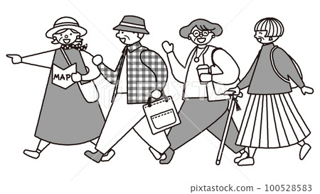 Monochrome illustration of a fashionable senior walking happily 100528583