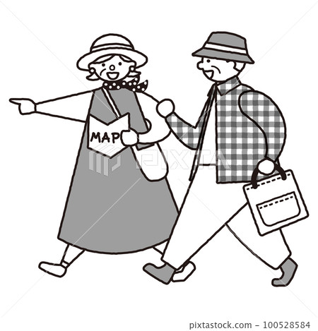 Monochrome illustration of a fashionable senior couple walking happily Monochrome illustration of a fashionable senior couple walking happily 100528584
