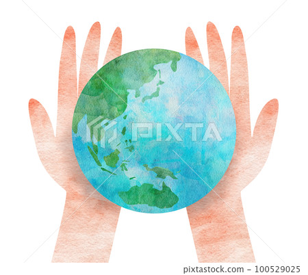 Watercolor illustration of the earth and two hands / Earth Day / Asia / Australia Watercolor illustration of the earth and two hands / Earth Day / Asia / Australia 100529025