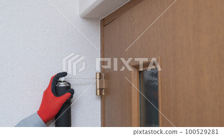 Image of spraying oil on door hinges 100529281