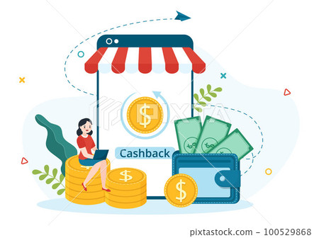 Cashback Illustration with Financial Payment to Money Cash Back Service for a Buyer in Flat Cartoon Hand Drawn for Landing Page Templates 100529868