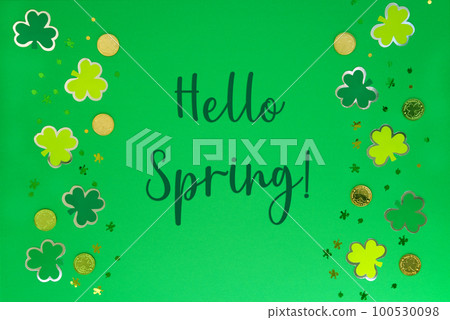 Decorative Saint Patrick's Day Flat Lay, English Text Hello Spring Decorative Saint Patrick's Day Flat Lay, English Text Hello Spring 100530098